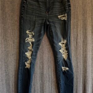American Eagle Outfitters High Waisted Dark Blue Distressed Skinny Jeans 9L